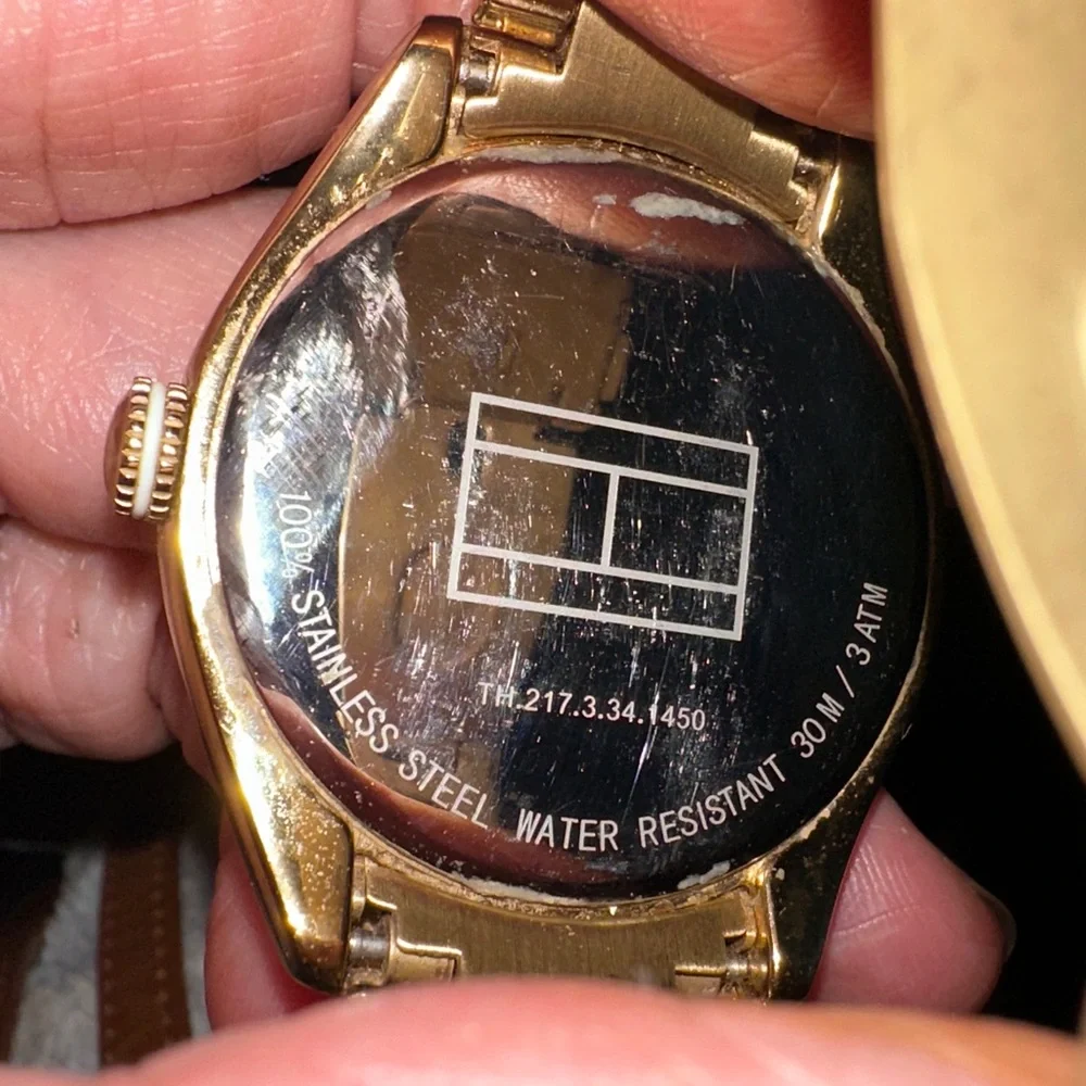 Vintage Tommy Hilfiger gold watch Fossil tin box